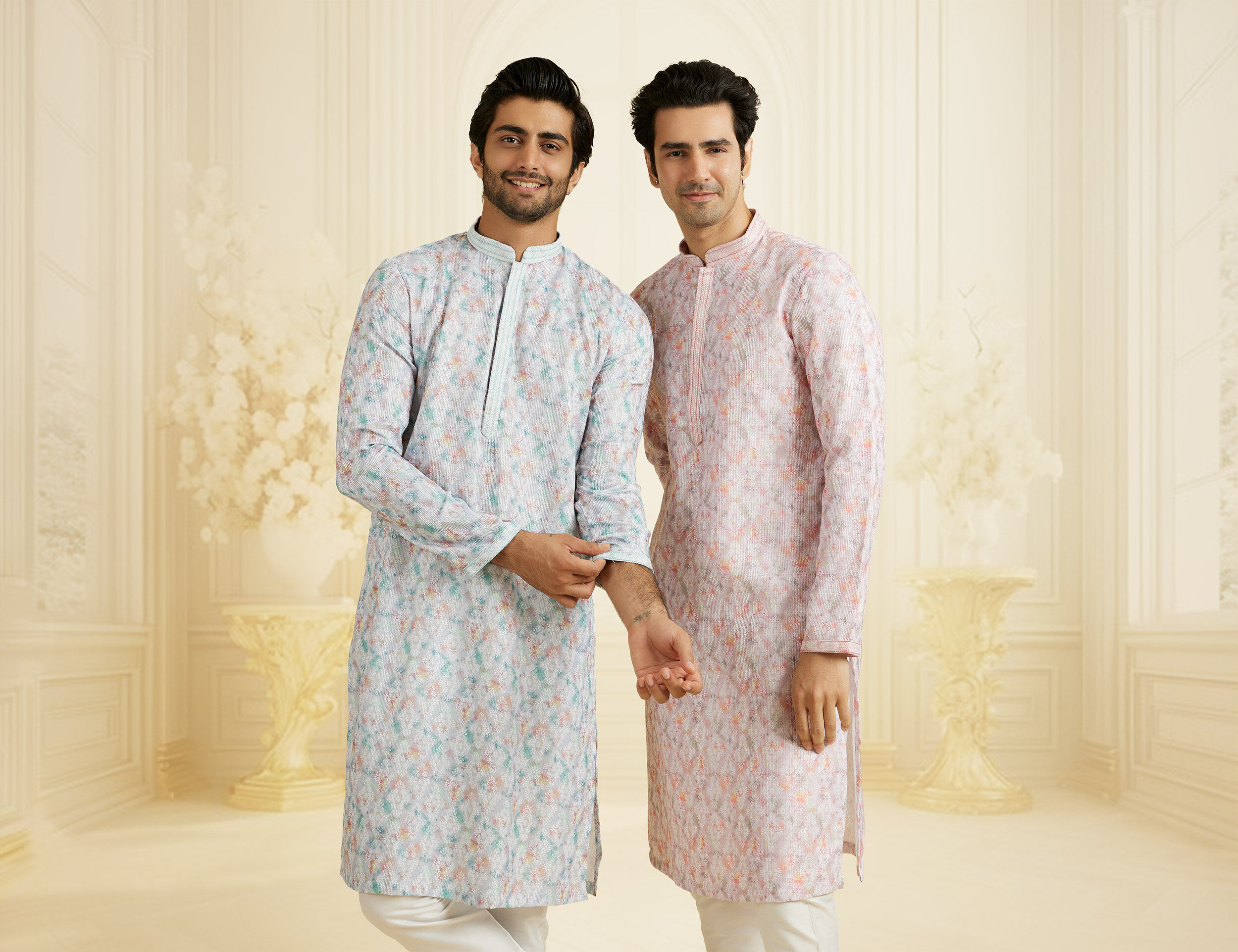 Mens wearing a peach kurta pajama set